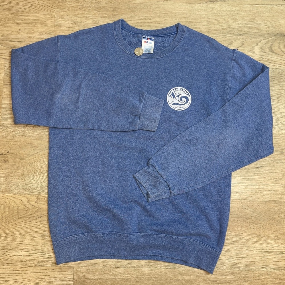 Happy Earth Bear Graphic Sweatshirt Mens Small Jerzees NuBlend Heather Blue